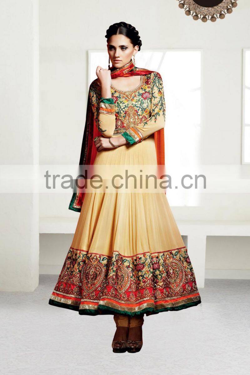 Yellow color on brown with purple color on embroidery heavy design jacket long Anarkali Designer Semi Stitch Salwar Kameez