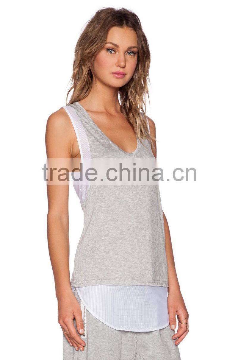 contrast mesh trim throughout shirttail tank tops