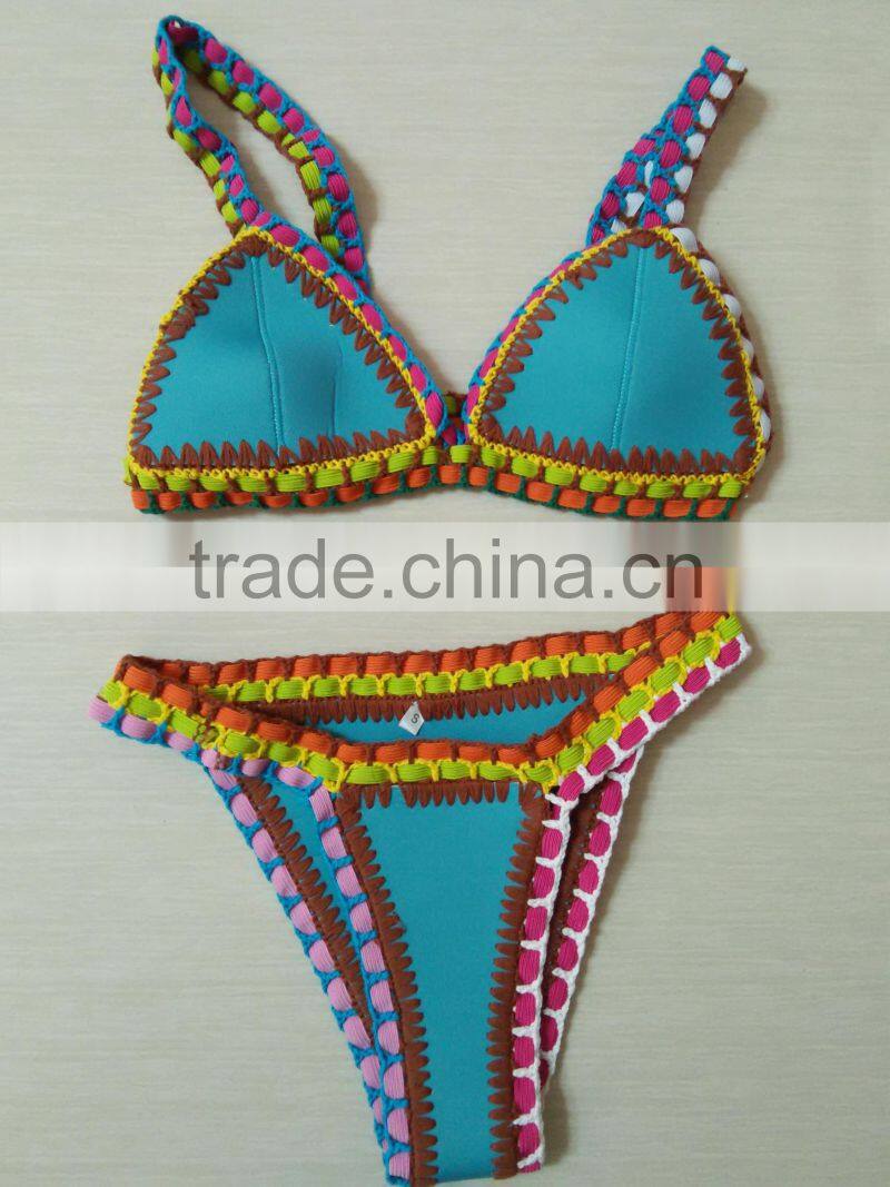 lake blue multi color hand woven swimwear bikini/hr fancy crotched r bikini swimwear/ fancy bikini set swimwear beachwear