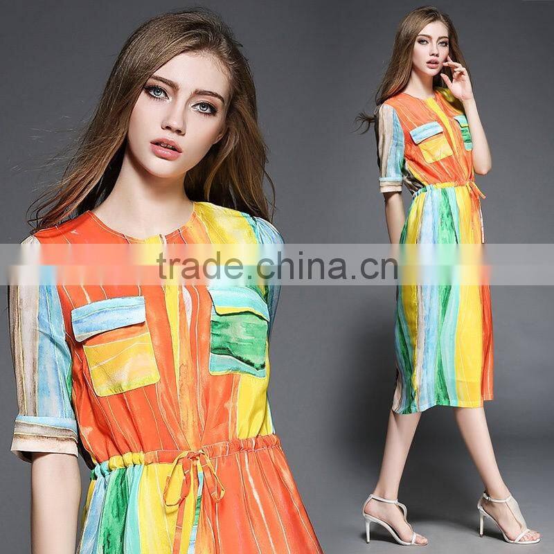 Summer Womens Fashion Casual Long Chiffon Maxi Dresses Lasies Short Sleeve Multi-Color Printed Dress
