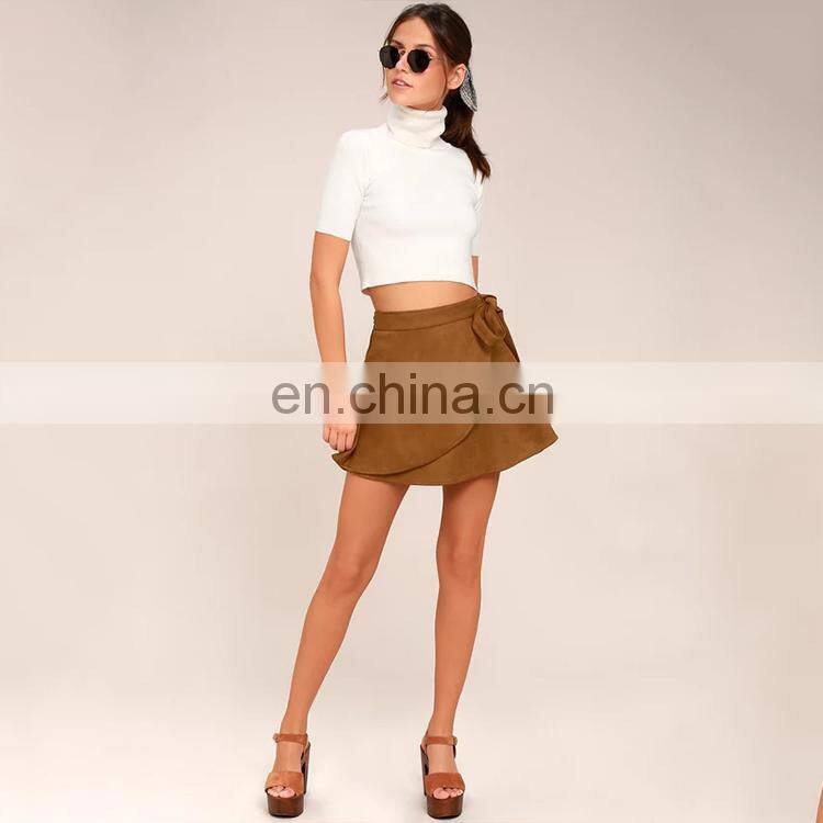 New customized wholesale promotional reversible tan suede magic wrap mini skirt