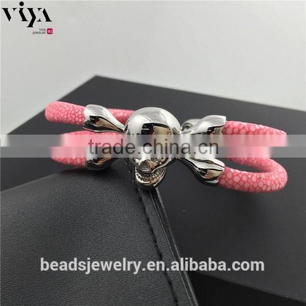 2016 China Factory Personal Logo Words Bracelet, Stingray/ Python Skin Leather Bracelet With Stainless Steel Skull Double Eyes