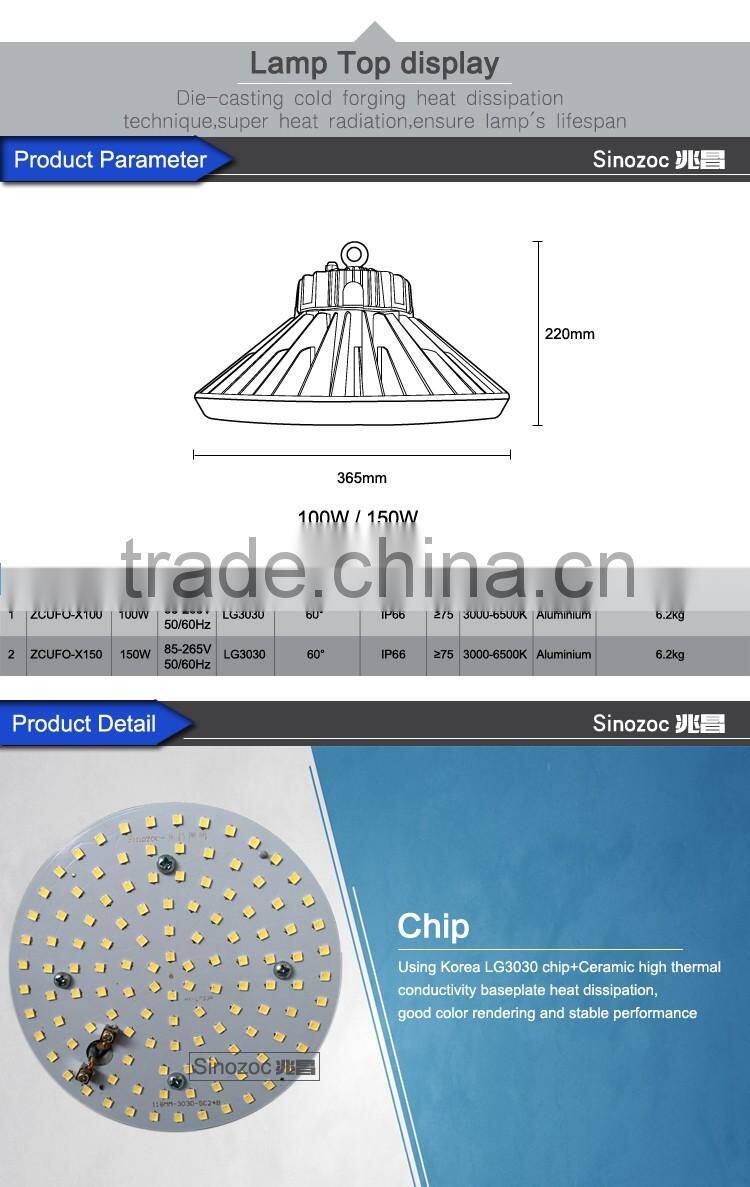 Sinozoc Best quality IP66 100w 150w ufo led high bay lighting industrial led high bay lamp with CE CC EMC CCC Rohs approved