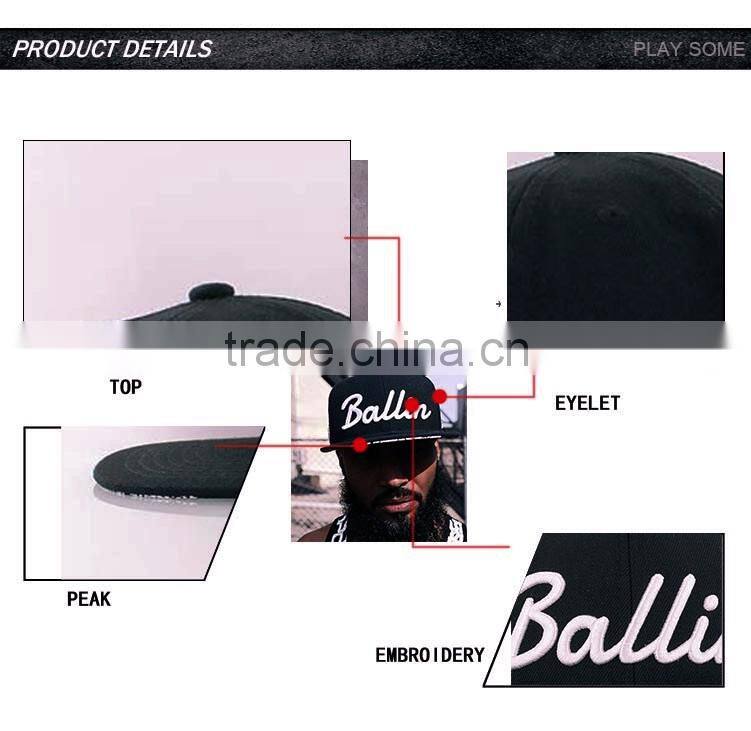 High quality black custom black 3D embroidered snapback hats