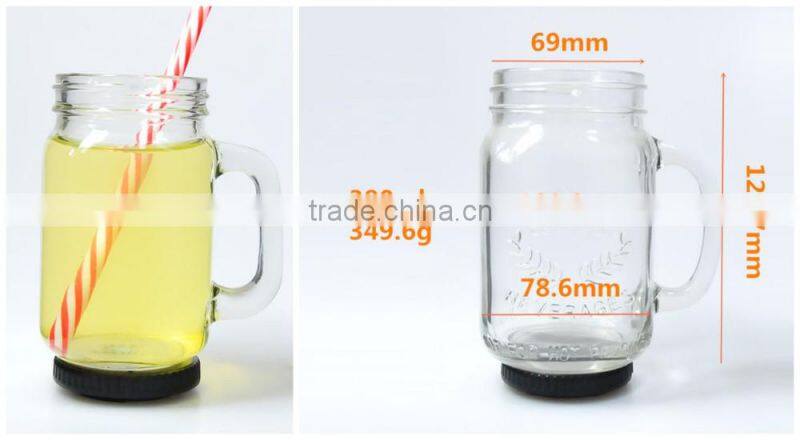 Glass juice drinking mason jar with handle and lid
