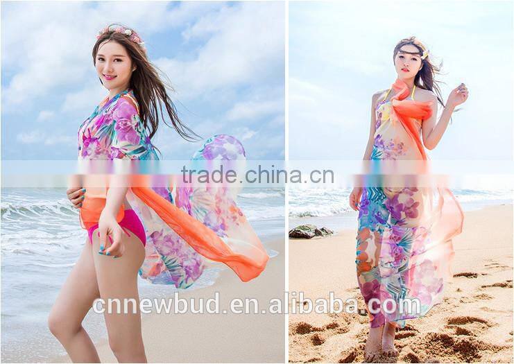 2015 lastest design imitated silk large flower orange beach scarf