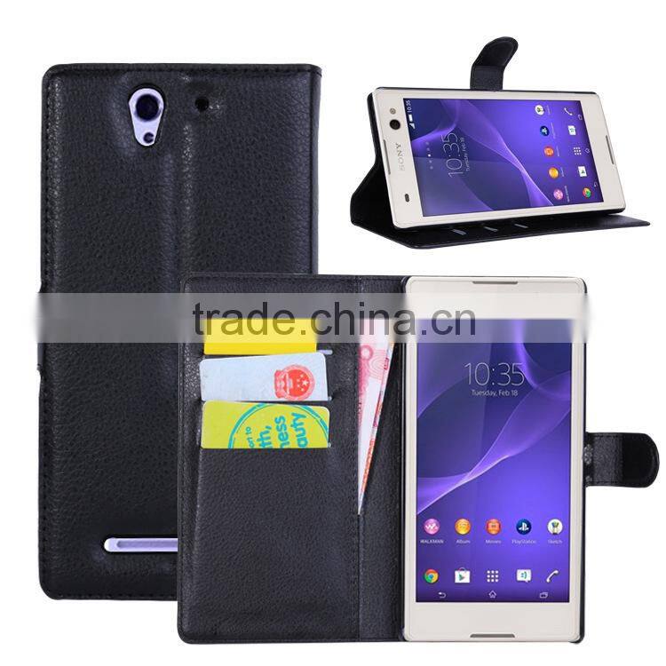Litchi Pattern Soft Wallet Stand Leather Case For Sony Xperia C3