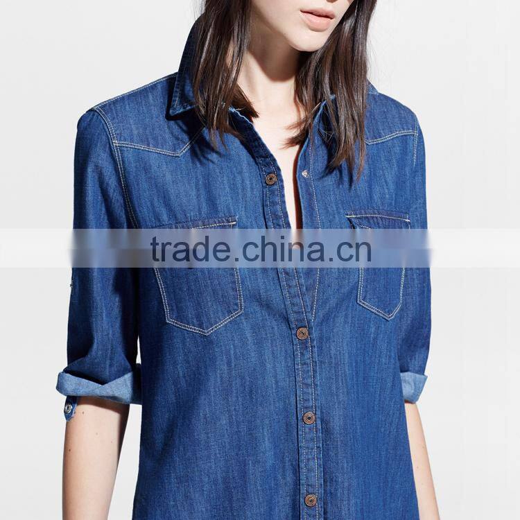 Young Ladies Style Roll Up Sleeve Open Front Denim Washed Ladies Jeans Top Design