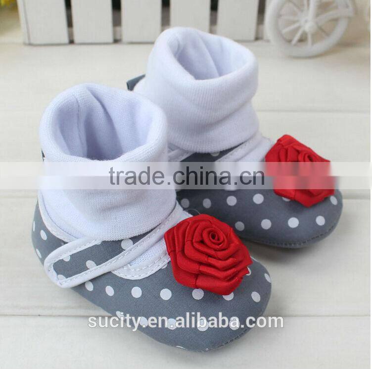 soft sole red flower fabric baby sock shoes