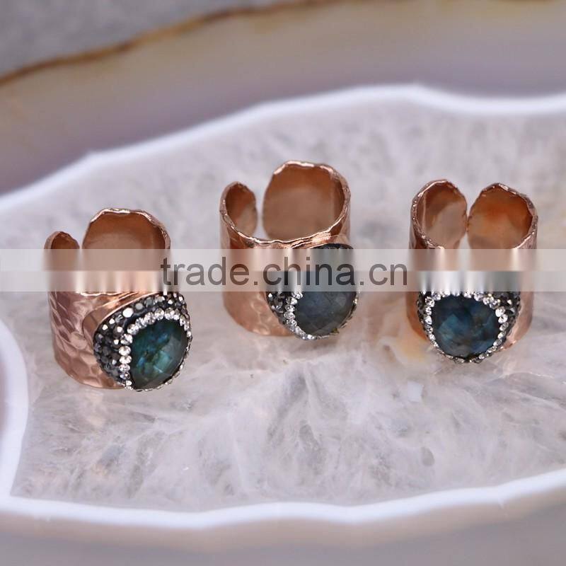 Natural Labradorite Stone Ring, Metal Gold Plated Ring, Pave Setting Crystal Jewelry Finger Gold Plated Druzy Ring