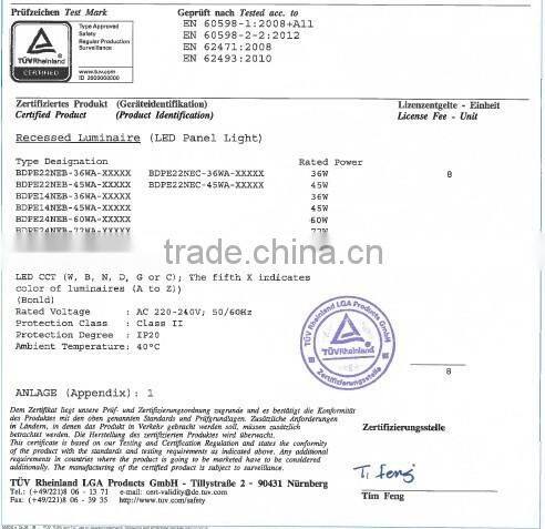 5 years warranty ETL TUV certified led panel 62x62 60w 5700lm