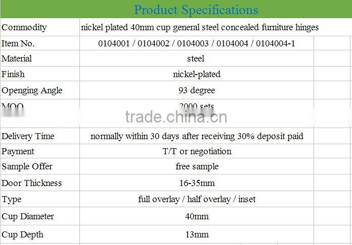 nickel plated 40mm cup general steel concealed furniture hinges