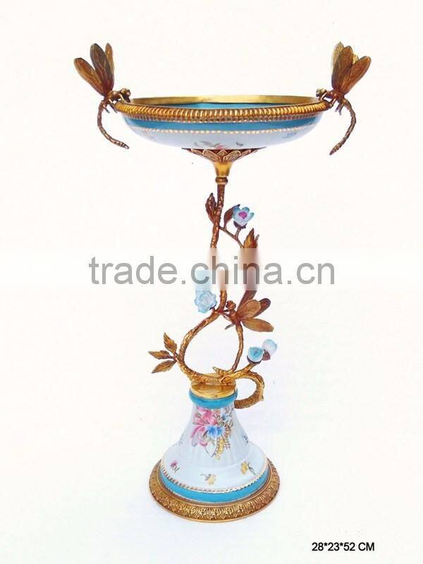 Floral Painting Multilayer Porcelain Fruit Bowl With Bronze Angel Support, Blue & White Porcelain With Brass Compote