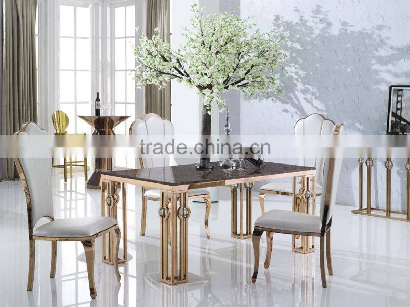 Champagne Gold 304 Stainless Steel Dining Table With Fabric Dining Chairs