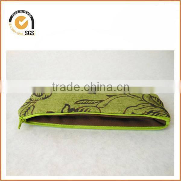 Canvas Pencil Case Zipper Pouch - Lime Green with Brown Flowers, Lime Green Zipper By Chiqun Dongguan CQ-H01085
