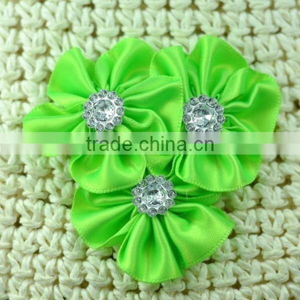 handmade satin flower with rhinestone center for kids hair accessories