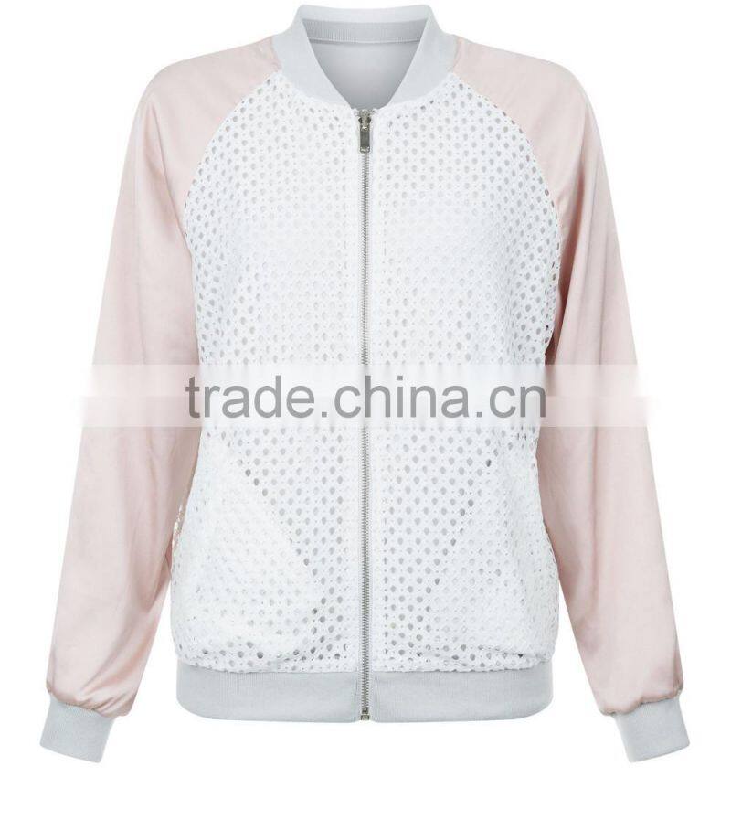 2017 Latest Design Custom Varsity Jacket Wholesale Soft Cotton Blend Casual Pink Raglan Baseball Reversible Lace Bomber Jacket