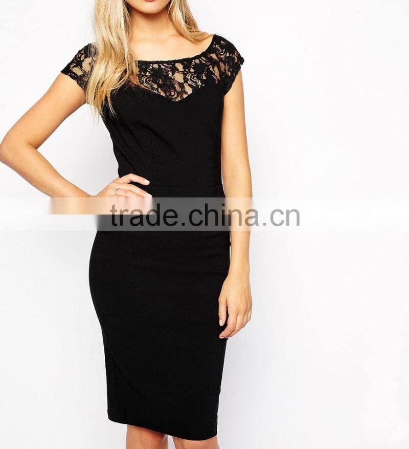 sexy ladies lace yoke cap sleeve evening dress slim black lace party dress