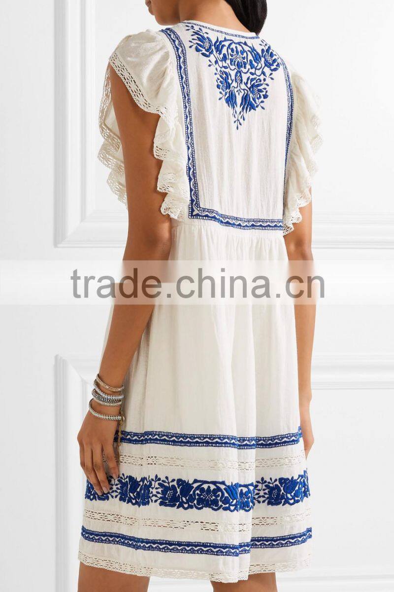 Boho crochet-trimmed computerized machine embroidery cotton-gauze mini dress western dresses names HSd5260