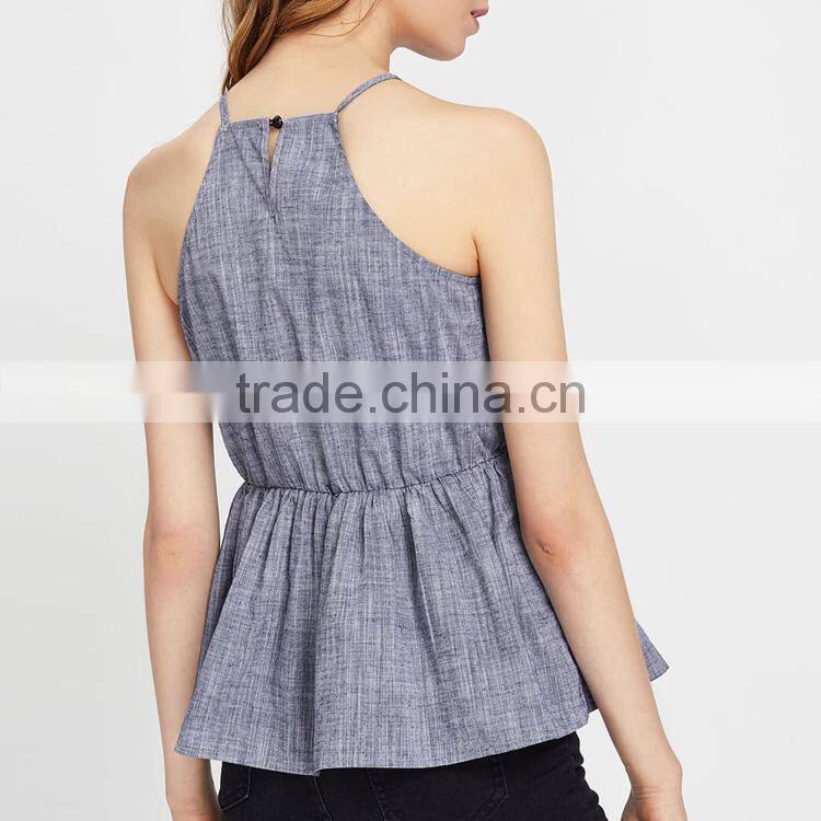 Wholesale Women Apparel Ruffle Spaghetti Strap Keyhole Back Linen Tank Top