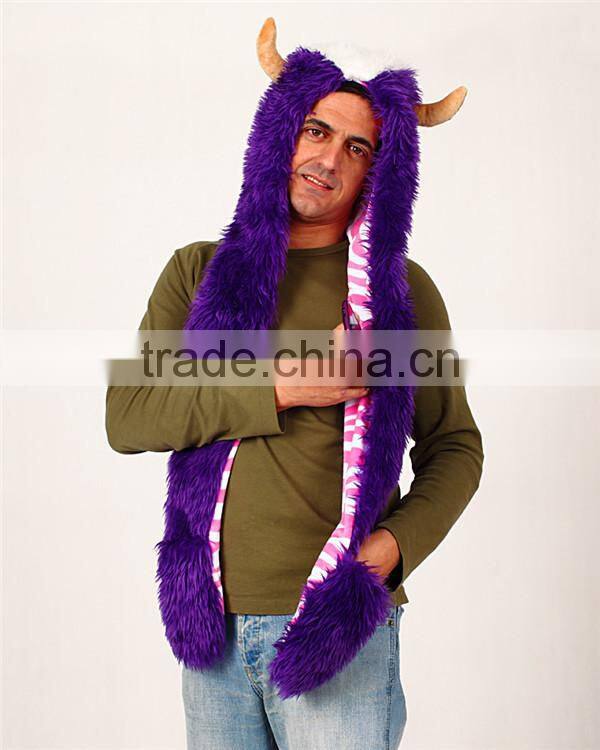 Faux fur adult beanies plush animal head hat scarf glove