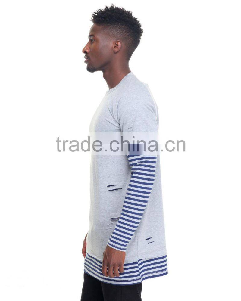 Crew neck tees sleeve color block Stripe Layer men's longline t shirt