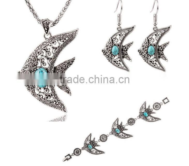 Silver Plated Lovely Fish Family Jewelry Sets Necklace Bracelet Earrings Turquoise Jewelry Sets For Girls