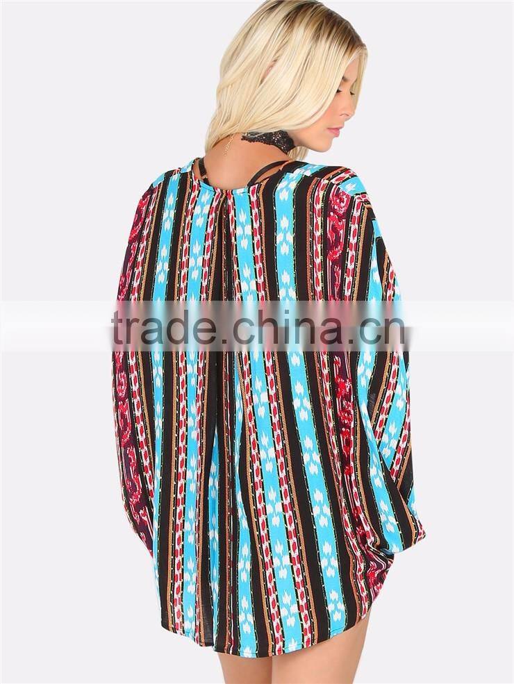 Custom Design Colorful Tribal Striped Dolman Kimono With Curved Hem Caplet Style Ladies Beachwear