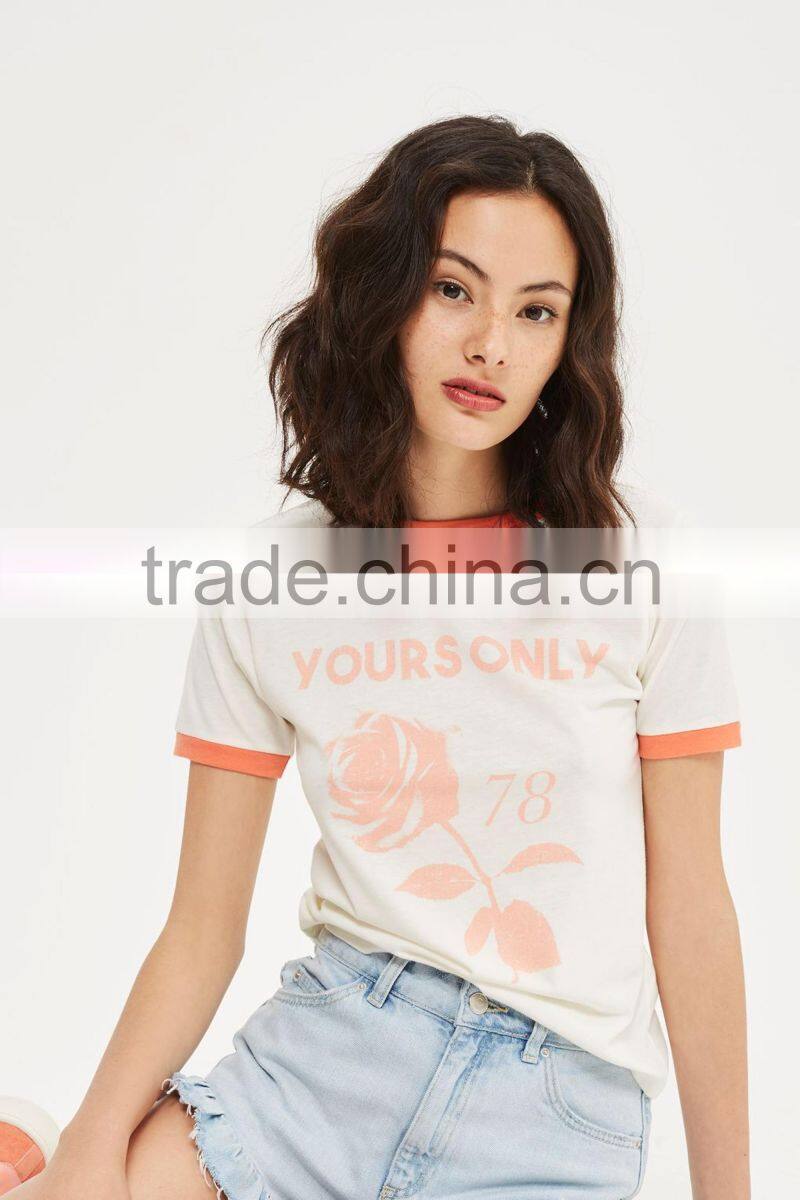 MGOO Custom Slim Fit Women's T Shirt With Contrast Binding Screen Print Rose Pattern T-shirt Wholesale China