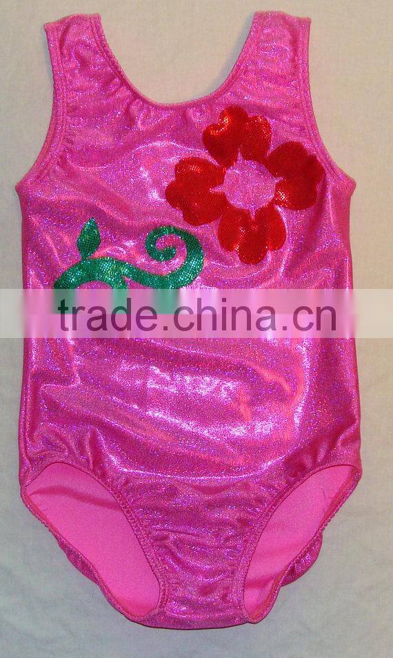 Clearance Gymnastics leotard girl in pink twinkle with red shattered glass holographic flower
