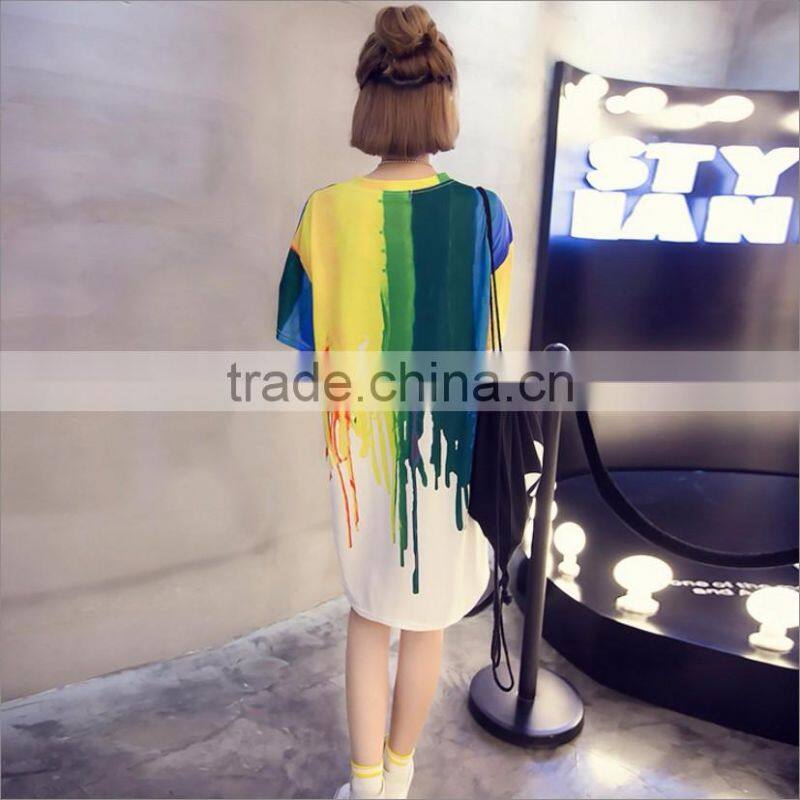 OEM Service Long Women Fashion Rainbow Printing Bedrukken Dames Dress Online T Shirt