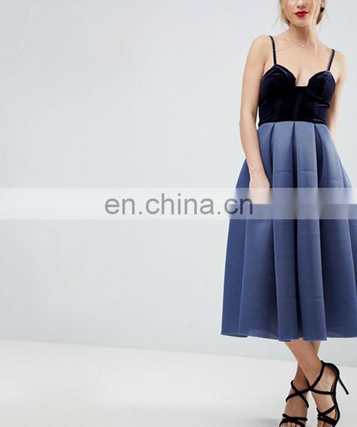 2018 Sexy Airtex Velvet Bodice Midi Strape Prom Women Dress