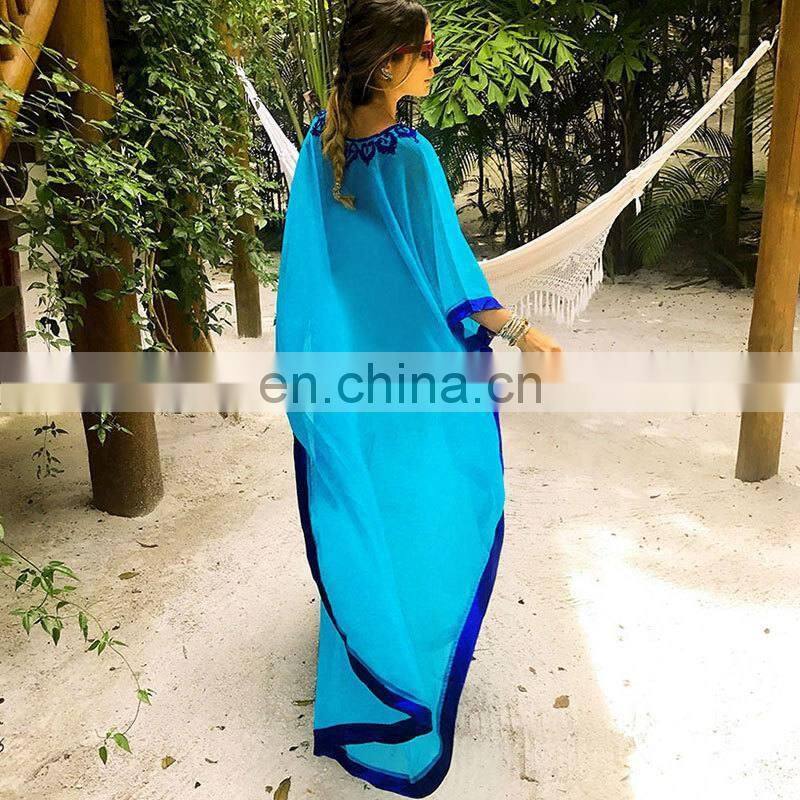 New Plus size Embroidery Chiffon Beach Cover up Long Beach Dress kaftan beach Pareo Ropa de Playa Mujer Womens Beachwear