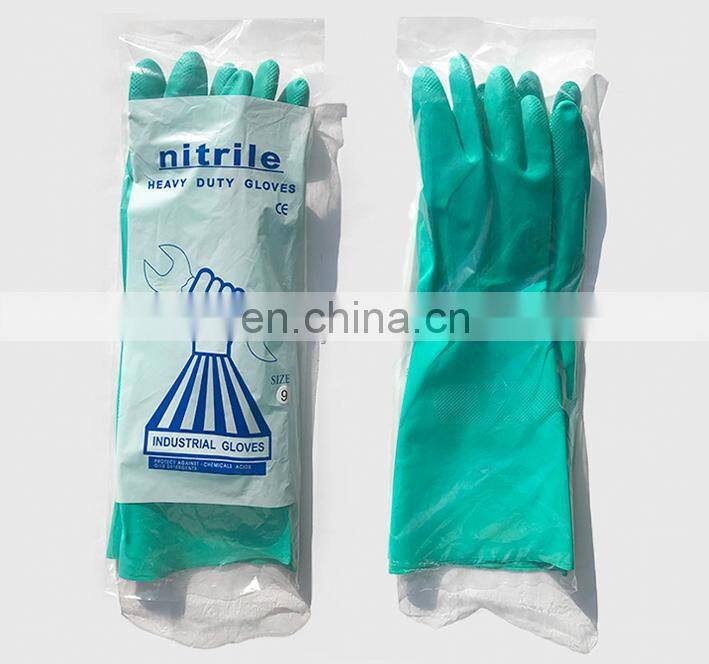 15 mil Custom Printed Heavy Long Cuff Green Flock Lined Nitrile Gloves Chemical Industrial Acid Alkali Resistant Gloves