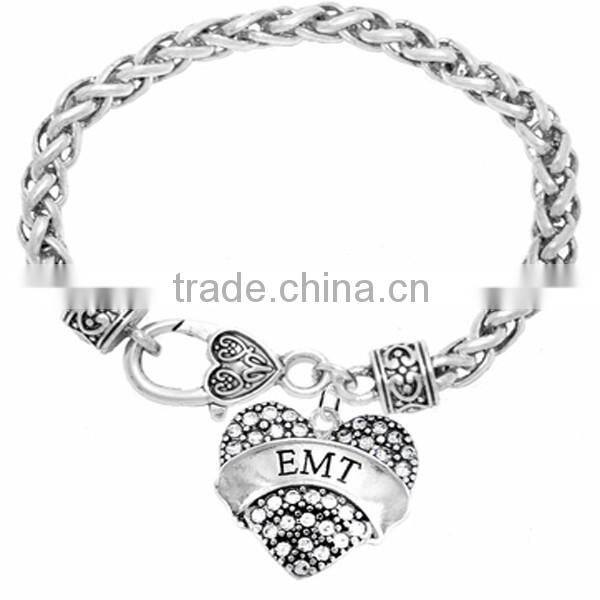 Clear Crystal Covered "FIREMAN'S WIFE" Heart Charm Chain Link Bracelet
