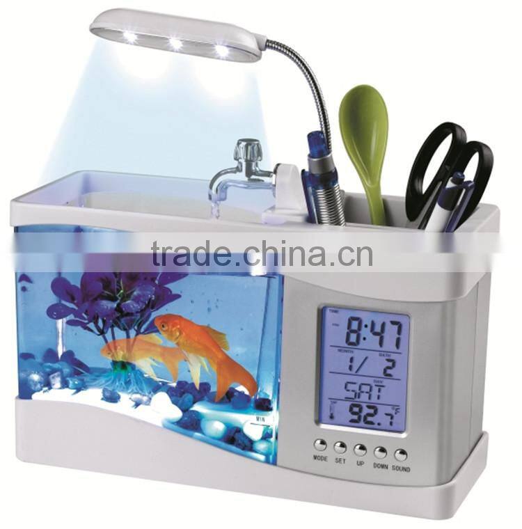 Mini fish tank USB aquarium with LED lamp clock business gift Pen Holder