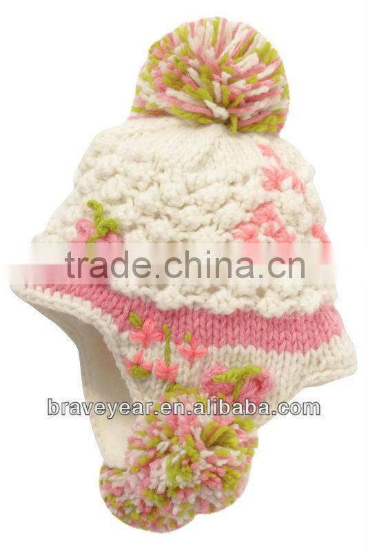 kids crochet knitted hat with top ball and earmuff