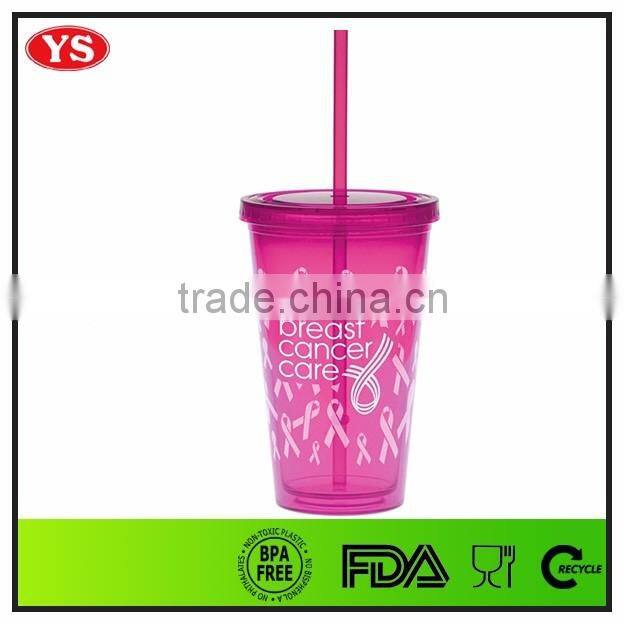bpa free 16oz plastic double wall promotional cup with straw