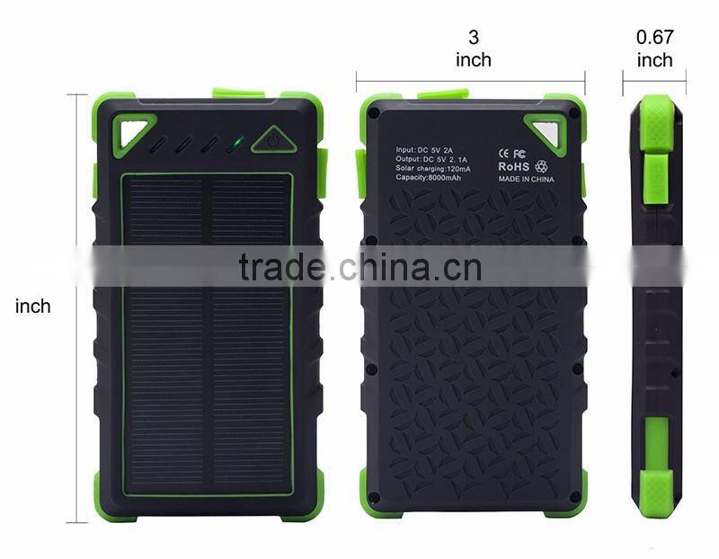 8000mah Rohs dual usb waterproof wholesale solar cellphone charger