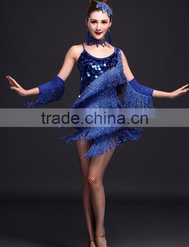 Performance Lady Stage Blue Sequin Tassel Latin Dance Costumes Adult