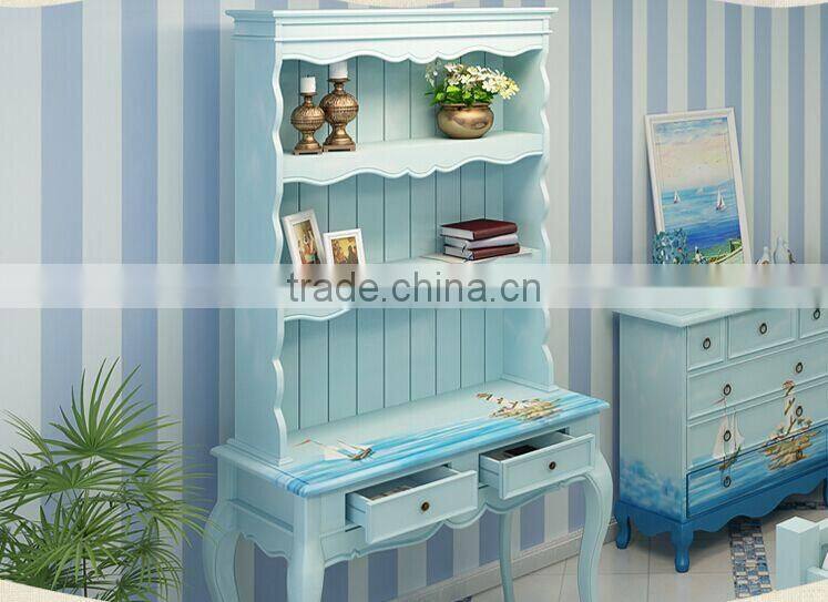 Mediterranean Style Study Desk, Sailing Boat Handpainting Student Desk, Solid Wood Desk with Bookcase (BF01-X1152)