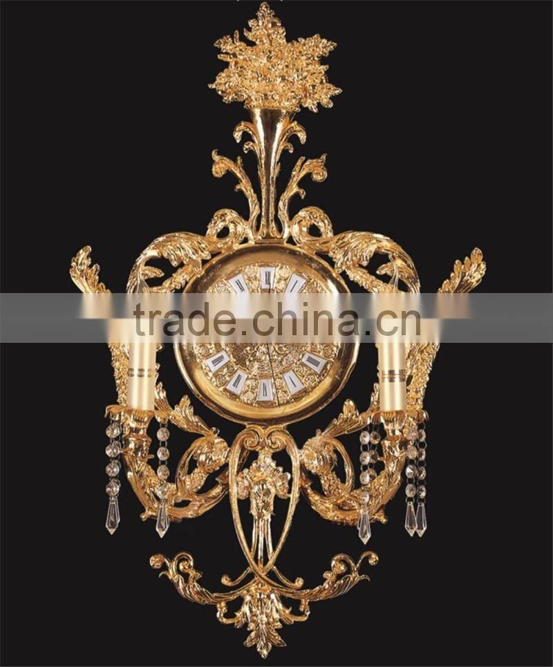 Luxury 24K Gold Plated Wall Hanging Clock with Candle Lights, Elegant Copper Mounted Home Decoration Art