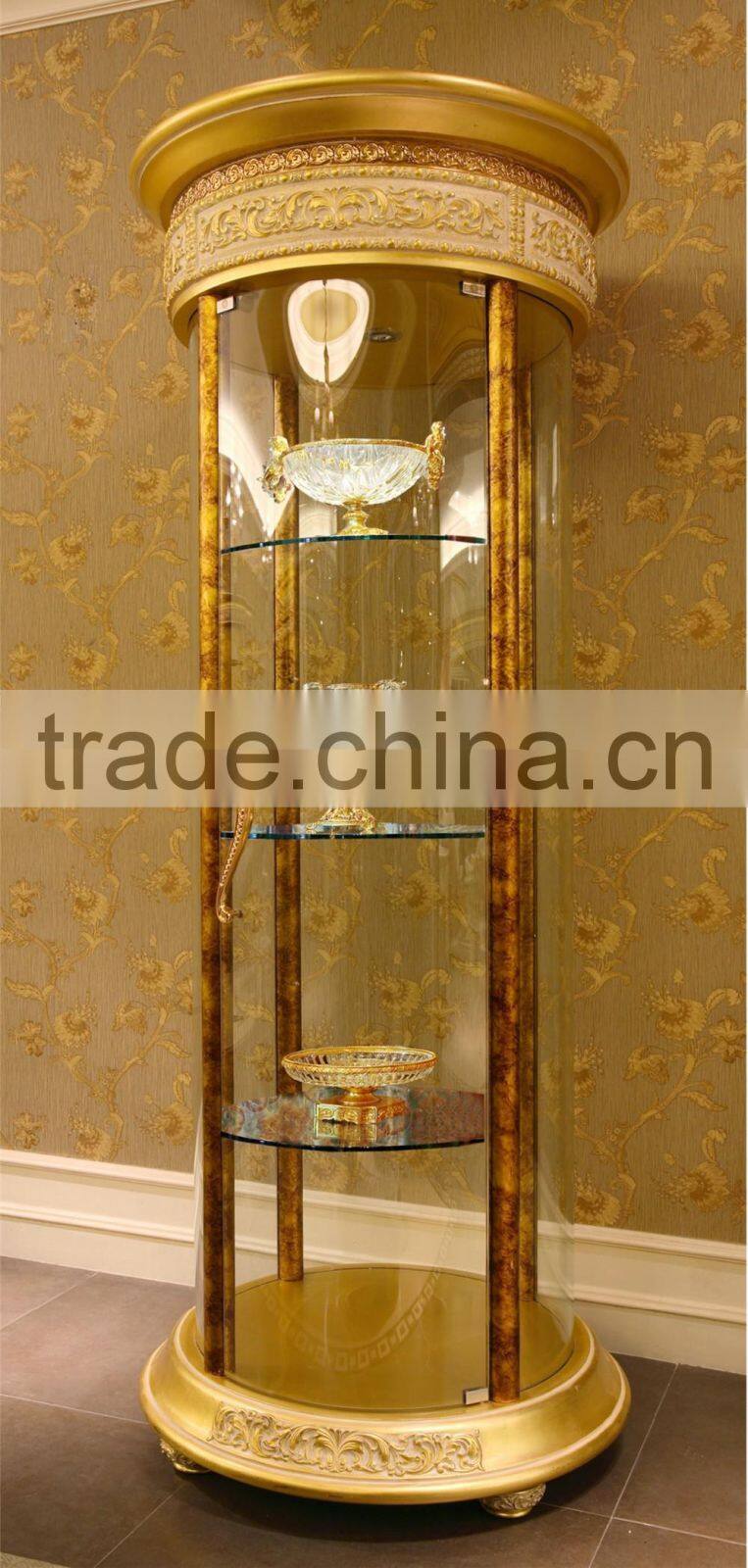 French Rococo Style Wood Carved Round Glass Door Corner Display Cabinet/ Palace Classic Living Room Wine Cabinet, Vitrine