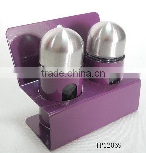 purple metal coating cylinder glass spice jar set with frame