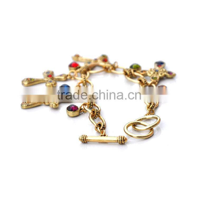 colorful rhinestone cross charms gold chain bracelet tiny crystal charms goldfill chain bracelet