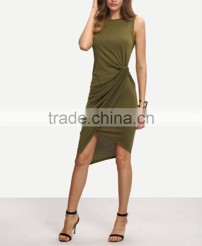 Guangzhou Wholesale Clothing OEM Army Green Sleeveless Knot Asymmetrical Dress
