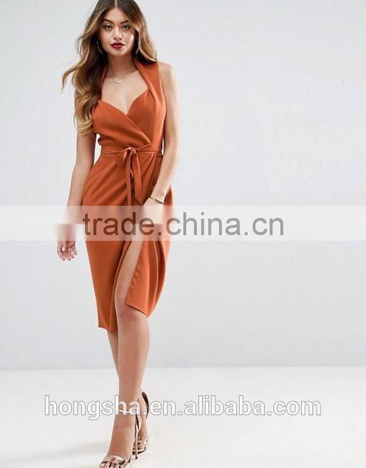 Self-tie belt Sweetheart neck Shawl Collar Wrap Dress HSH 6140