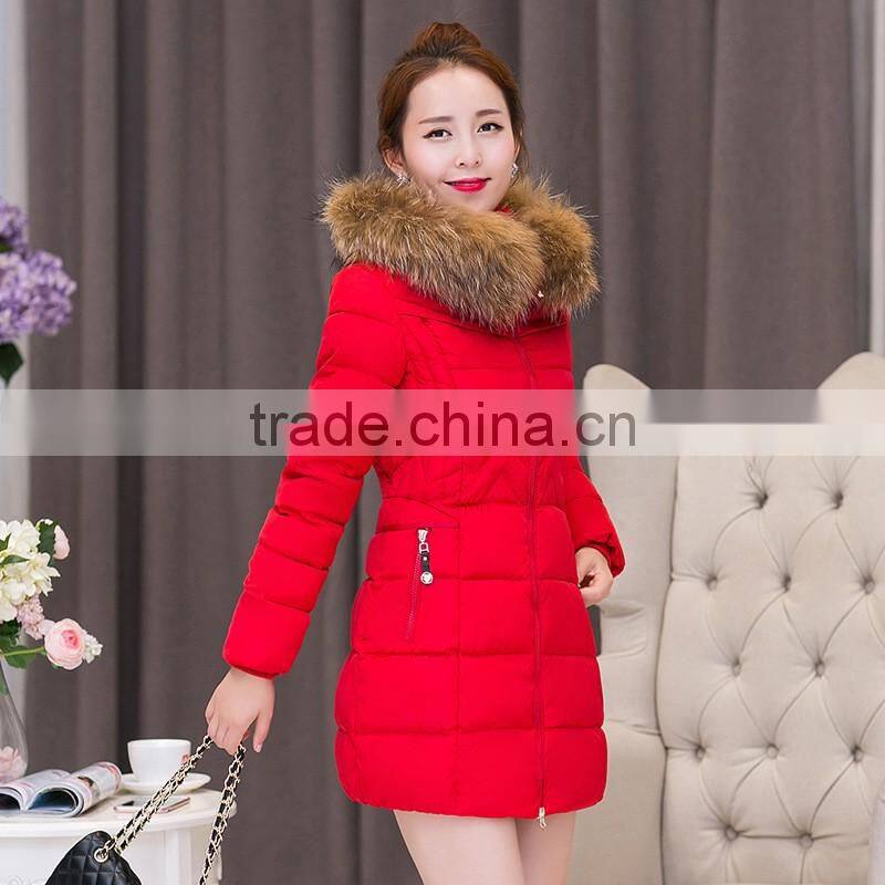 OEM Wholesale Winter Women Thicken Cotton Fur Collar Hooded Down Long Parka Jacket Coat