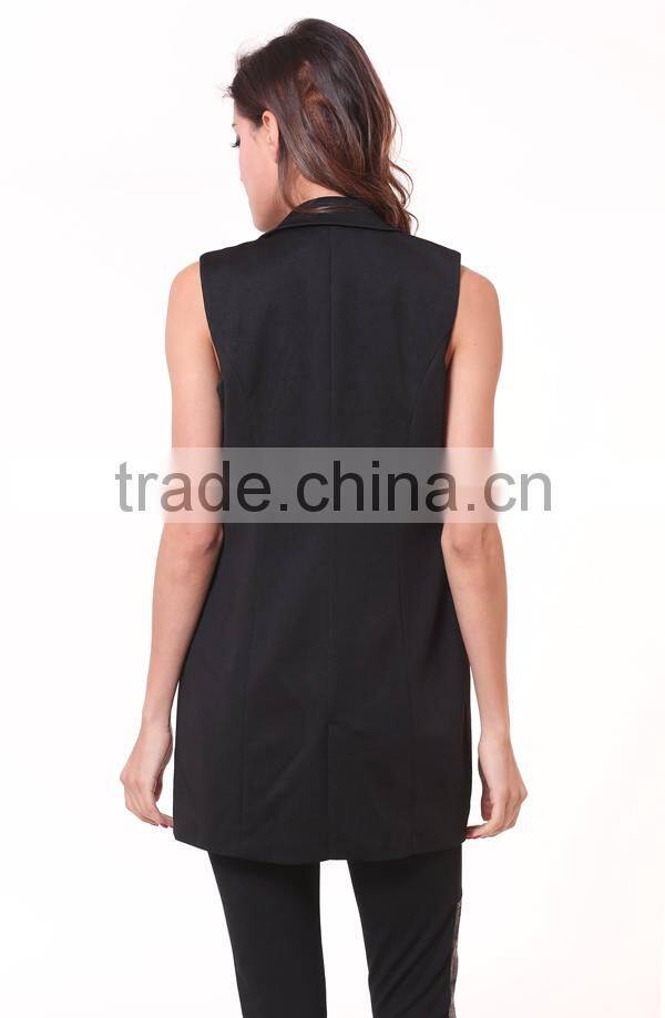 Women's Black Lapel Sleeveless Pockets Blazer
