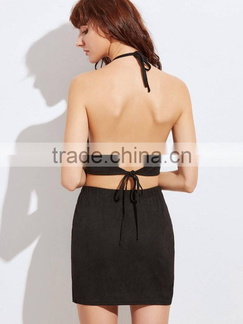Two piece set women dress 2017 black embroidered rose applique suede halter top with skirt